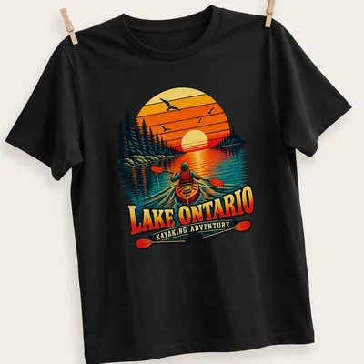 Nostalgic kayaking sunset graphic on Lake Ontario T-shirt in warm colors