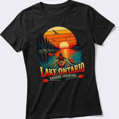 Nostalgic kayaking sunset graphic on Lake Ontario T-shirt in warm colors — printed on a women's shirt