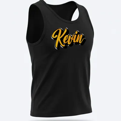 Bold script tee featuring the name Kevin in gold on black — printed on a tank top