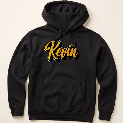 Bold script tee featuring the name Kevin in gold on black — printed on a unisex hoodie