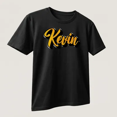 Bold script tee featuring the name Kevin in gold on black — printed on a unisex t-shirt (angled view)