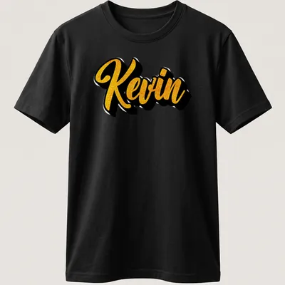 Bold script tee featuring the name Kevin in gold on black