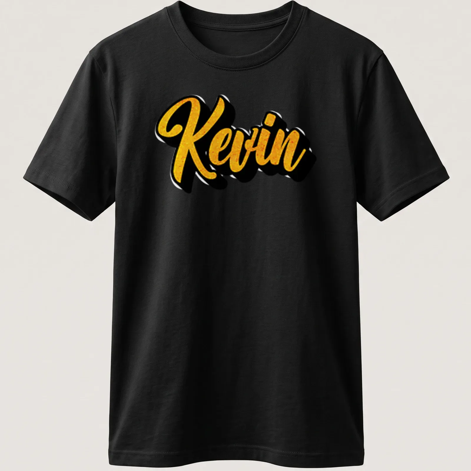 Bold script tee featuring the name Kevin in gold on black — printed on a unisex t-shirt