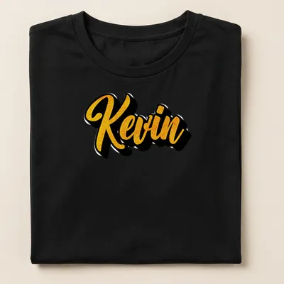 Bold script tee featuring the name Kevin in gold on black — printed on a women's shirt