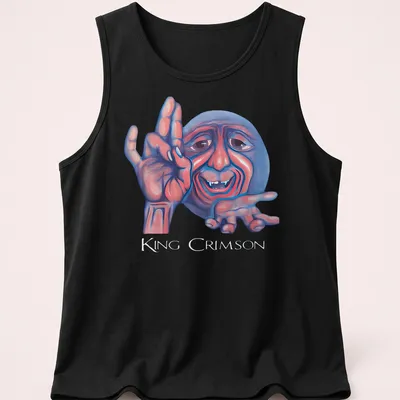 Colorful illustration of a smiling character with King Crimson text above — printed on a tank top