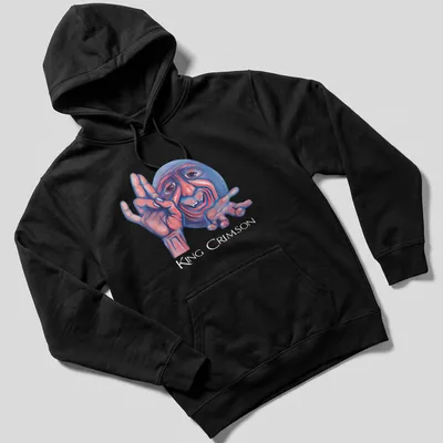 Colorful illustration of a smiling character with King Crimson text above — printed on a unisex hoodie