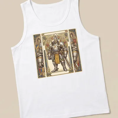 Art Nouveau style knight illustration with intricate patterns in gold, blue, silver, and beige — printed on a tank top
