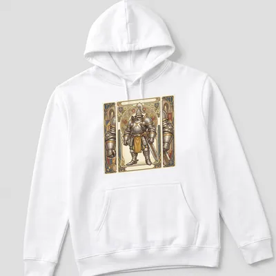 Art Nouveau style knight illustration with intricate patterns in gold, blue, silver, and beige — printed on a unisex hoodie