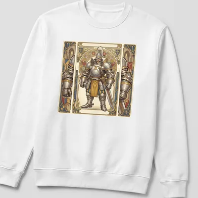 Art Nouveau style knight illustration with intricate patterns in gold, blue, silver, and beige — printed on a unisex sweatshirt