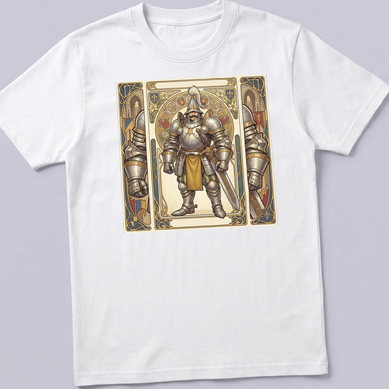 Art Nouveau style knight illustration with intricate patterns in gold, blue, silver, and beige — printed on a unisex t-shirt