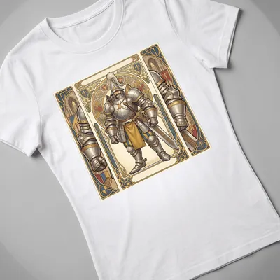 Art Nouveau style knight illustration with intricate patterns in gold, blue, silver, and beige — printed on a women's shirt