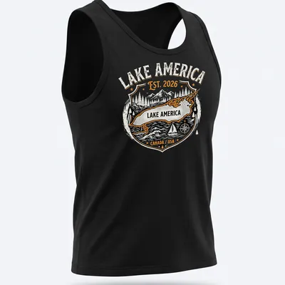 Vintage badge design featuring Lake America with text in black, white, orange, and gray. — printed on a tank top