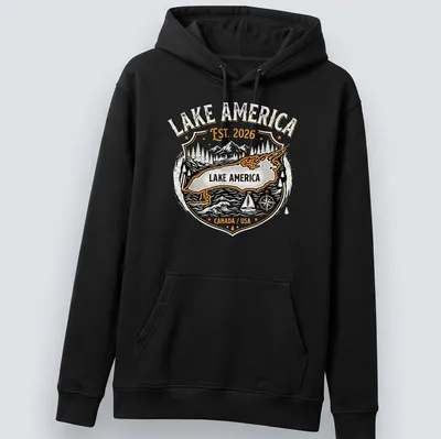 Vintage badge design featuring Lake America with text in black, white, orange, and gray. — printed on a unisex hoodie