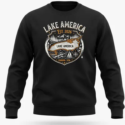 Vintage badge design featuring Lake America with text in black, white, orange, and gray. — printed on a unisex sweatshirt