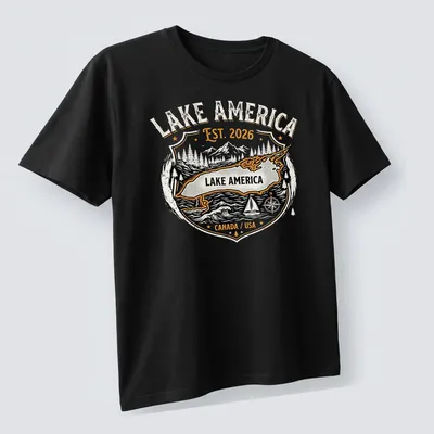Vintage badge design featuring Lake America with text in black, white, orange, and gray. — printed on a unisex t-shirt (angled view)