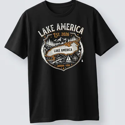 Vintage badge design featuring Lake America with text in black, white, orange, and gray.