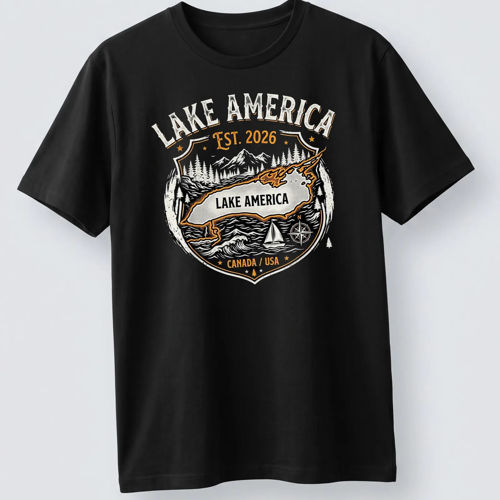 Vintage badge design featuring Lake America with text in black, white, orange, and gray. — printed on a unisex t-shirt