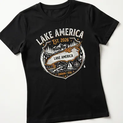 Vintage badge design featuring Lake America with text in black, white, orange, and gray. — printed on a women's shirt