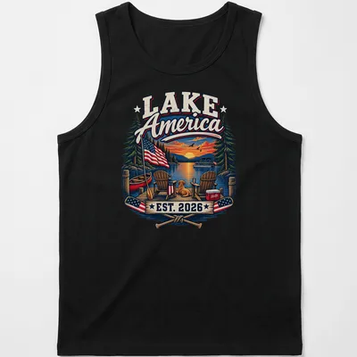 Vintage illustration of a lake scene with a dog and chairs, printed in warm tones — printed on a tank top
