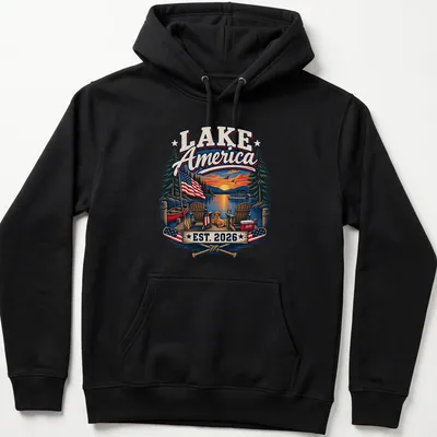 Vintage illustration of a lake scene with a dog and chairs, printed in warm tones — printed on a unisex hoodie