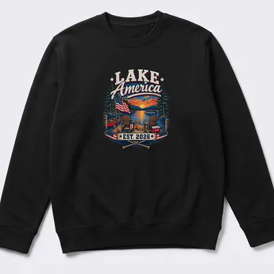 Vintage illustration of a lake scene with a dog and chairs, printed in warm tones — printed on a unisex sweatshirt