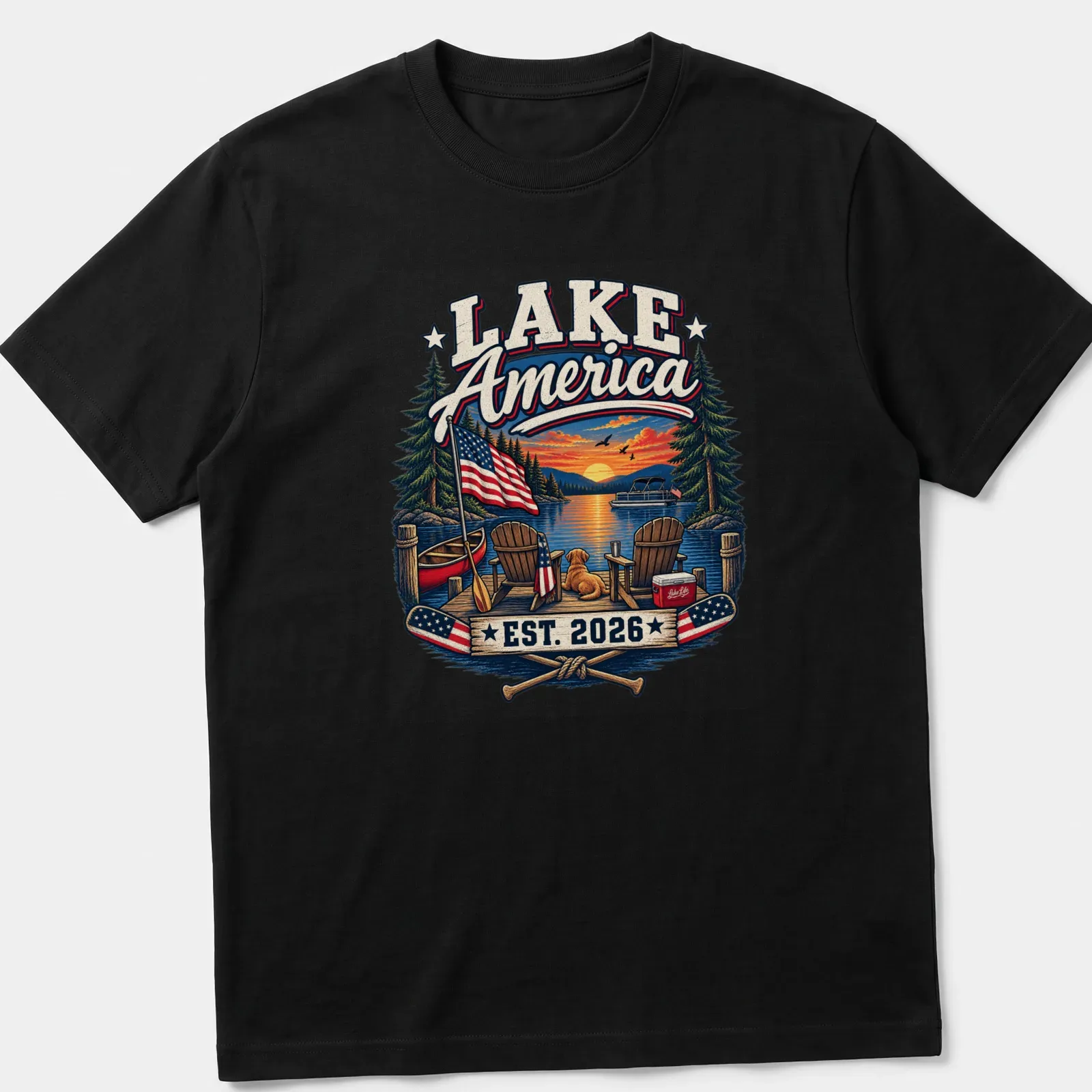 Vintage illustration of a lake scene with a dog and chairs, printed in warm tones — printed on a unisex t-shirt