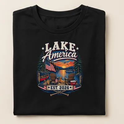 Vintage illustration of a lake scene with a dog and chairs, printed in warm tones — printed on a women's shirt
