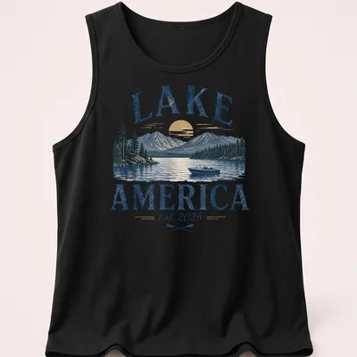 Vintage illustration of a lake with mountains and a boat, featuring blue, gold, green, and white colors. — printed on a tank top