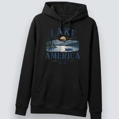 Vintage illustration of a lake with mountains and a boat, featuring blue, gold, green, and white colors. — printed on a unisex hoodie