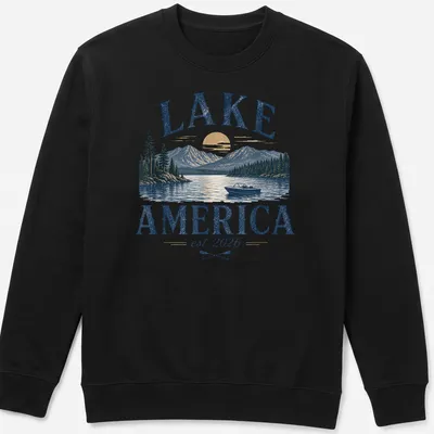 Vintage illustration of a lake with mountains and a boat, featuring blue, gold, green, and white colors. — printed on a unisex sweatshirt