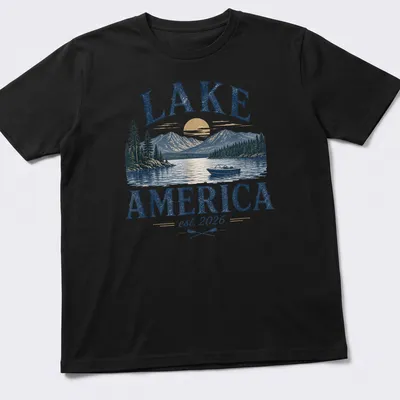Vintage illustration of a lake with mountains and a boat, featuring blue, gold, green, and white colors.