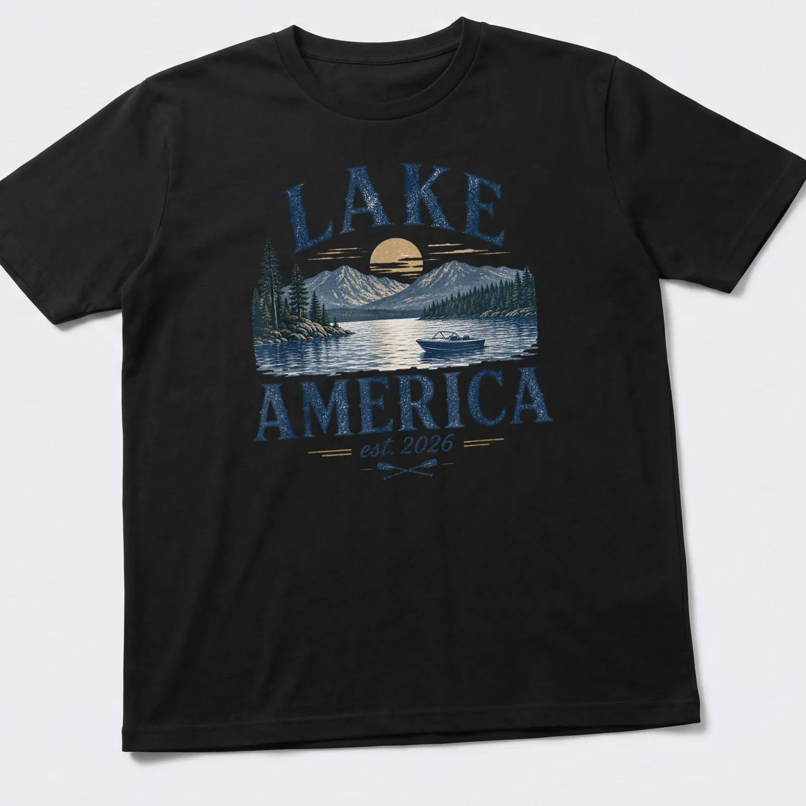 Vintage illustration of a lake with mountains and a boat, featuring blue, gold, green, and white colors. — printed on a unisex t-shirt