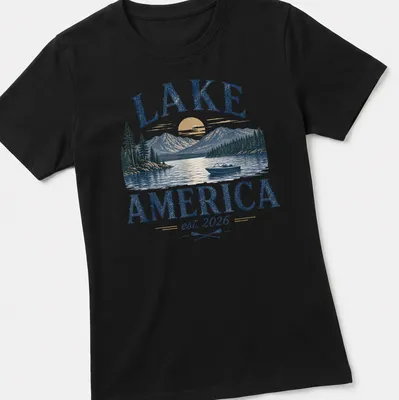 Vintage illustration of a lake with mountains and a boat, featuring blue, gold, green, and white colors. — printed on a women's shirt