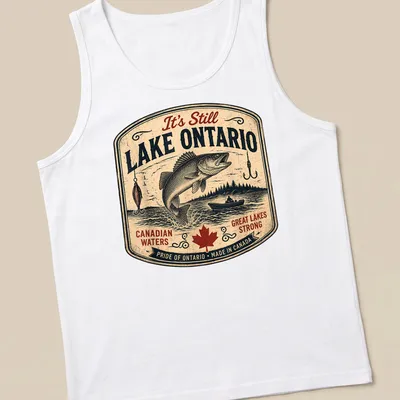 Vintage retro Lake Ontario t-shirt featuring fish and bold text about Canadian waters — printed on a tank top