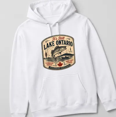 Vintage retro Lake Ontario t-shirt featuring fish and bold text about Canadian waters — printed on a unisex hoodie