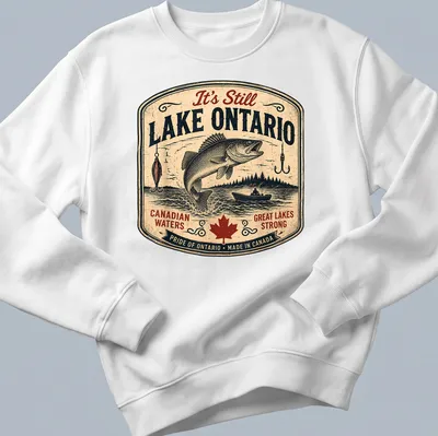 Vintage retro Lake Ontario t-shirt featuring fish and bold text about Canadian waters — printed on a unisex sweatshirt