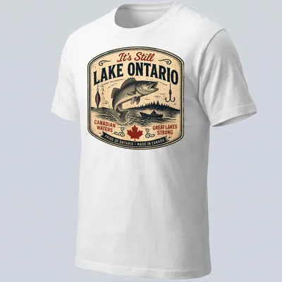 Vintage retro Lake Ontario t-shirt featuring fish and bold text about Canadian waters