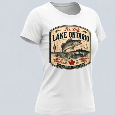 Vintage retro Lake Ontario t-shirt featuring fish and bold text about Canadian waters — printed on a women's shirt
