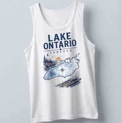 Vintage watercolor design of Lake Ontario with lighthouse and compass — printed on a tank top