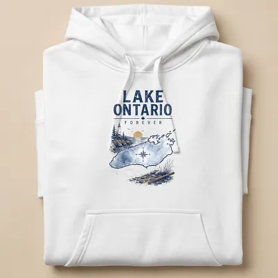 Vintage watercolor design of Lake Ontario with lighthouse and compass — printed on a unisex hoodie