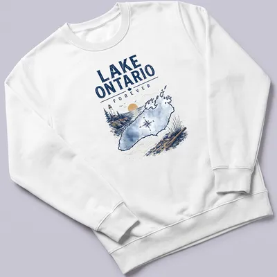 Vintage watercolor design of Lake Ontario with lighthouse and compass — printed on a unisex sweatshirt
