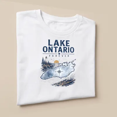 Vintage watercolor design of Lake Ontario with lighthouse and compass — printed on a unisex t-shirt (angled view)