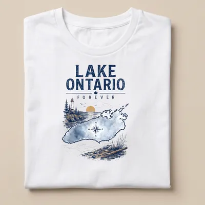 Vintage watercolor design of Lake Ontario with lighthouse and compass