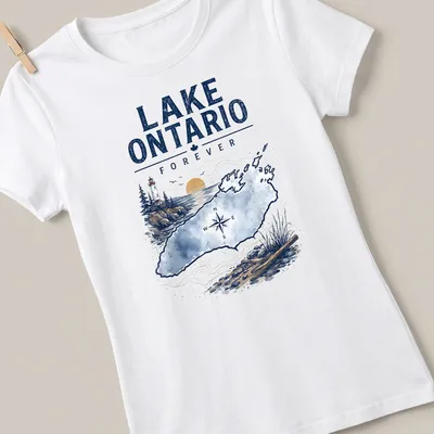 Vintage watercolor design of Lake Ontario with lighthouse and compass — printed on a women's shirt