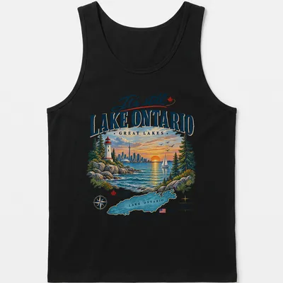 Vintage travel style t-shirt featuring Lake Ontario with colorful text — printed on a tank top