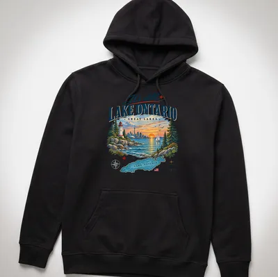 Vintage travel style t-shirt featuring Lake Ontario with colorful text — printed on a unisex hoodie