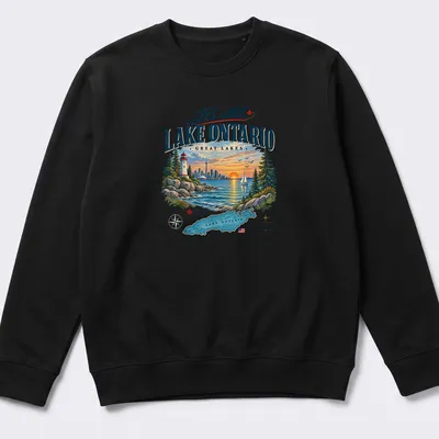 Vintage travel style t-shirt featuring Lake Ontario with colorful text — printed on a unisex sweatshirt