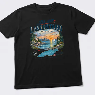 Vintage travel style t-shirt featuring Lake Ontario with colorful text