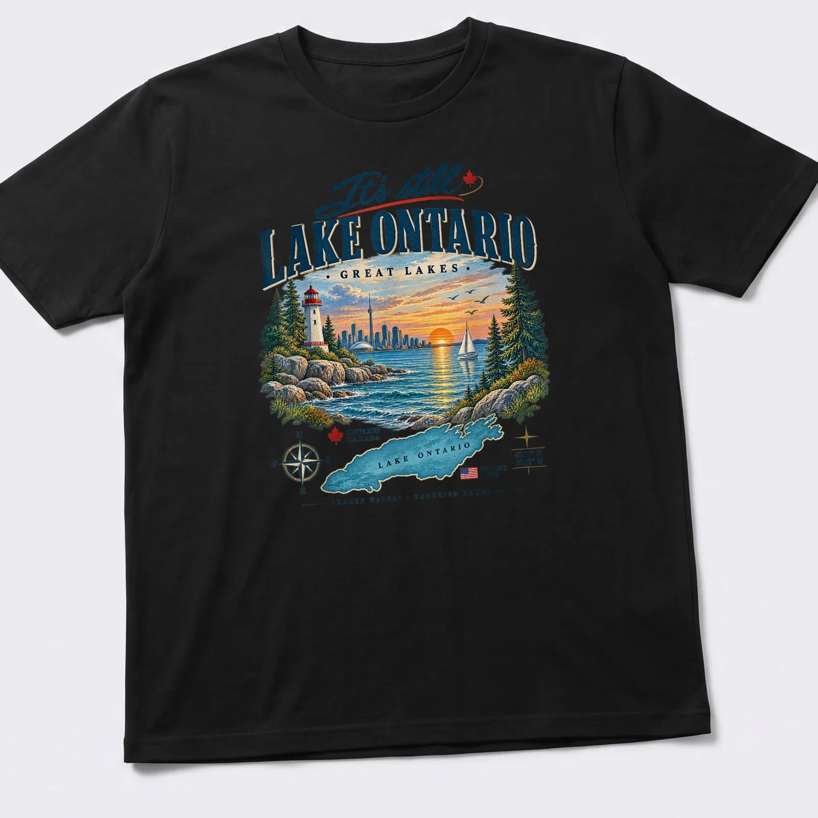 Vintage travel style t-shirt featuring Lake Ontario with colorful text — printed on a unisex t-shirt