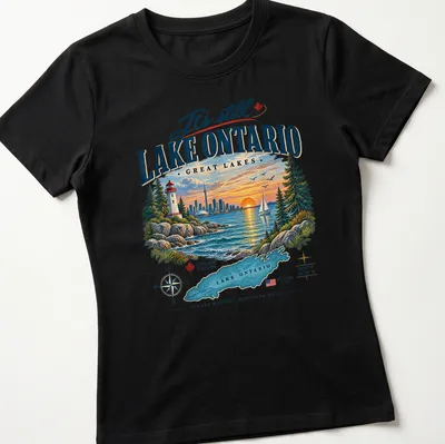 Vintage travel style t-shirt featuring Lake Ontario with colorful text — printed on a women's shirt